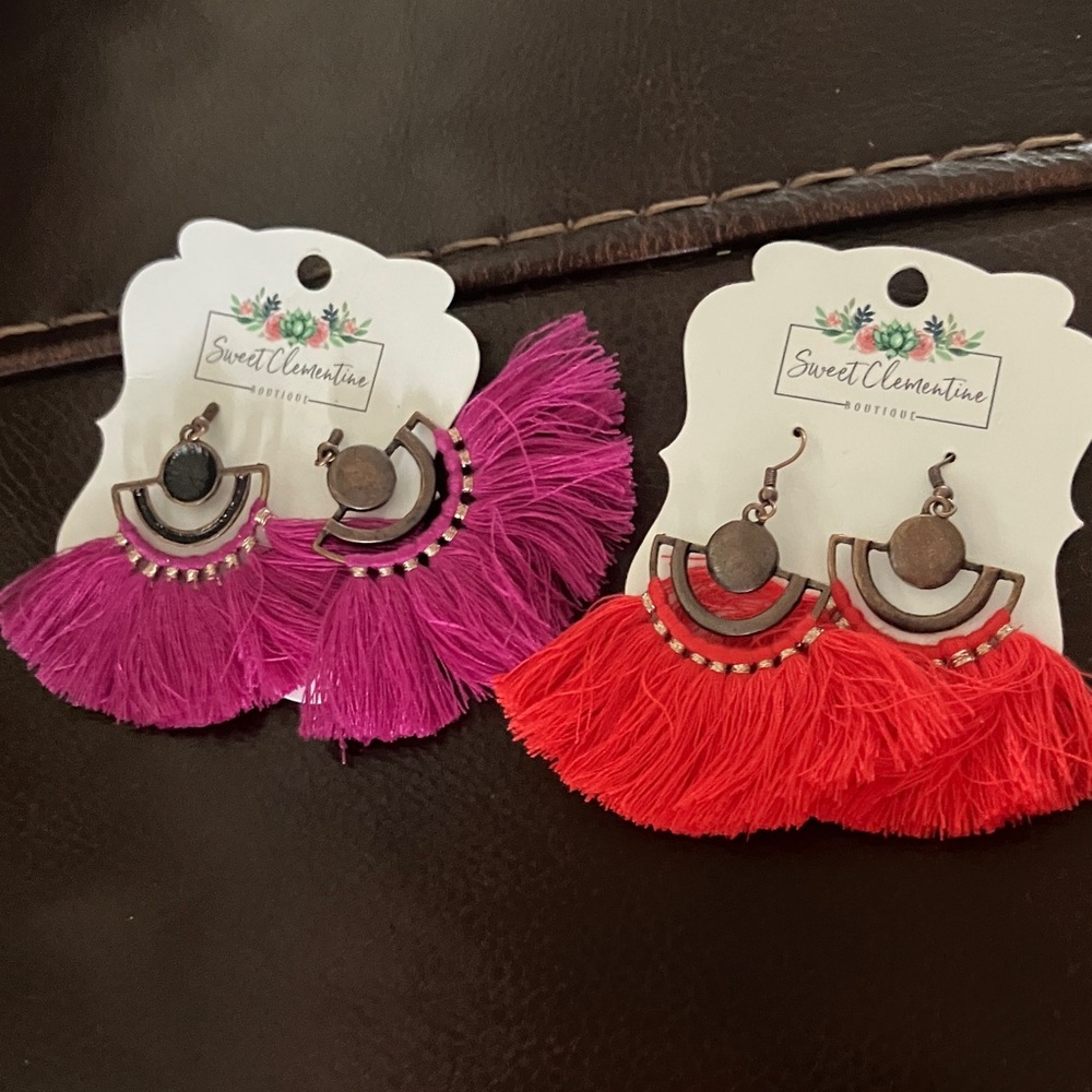 Sweet Clementine Fringe Statement Earrings in Fuchsia & Red